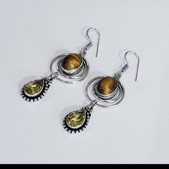 Tiger eye earrings, 925 silver tiger eye citrine dangle earrings - Picture 2 of 12